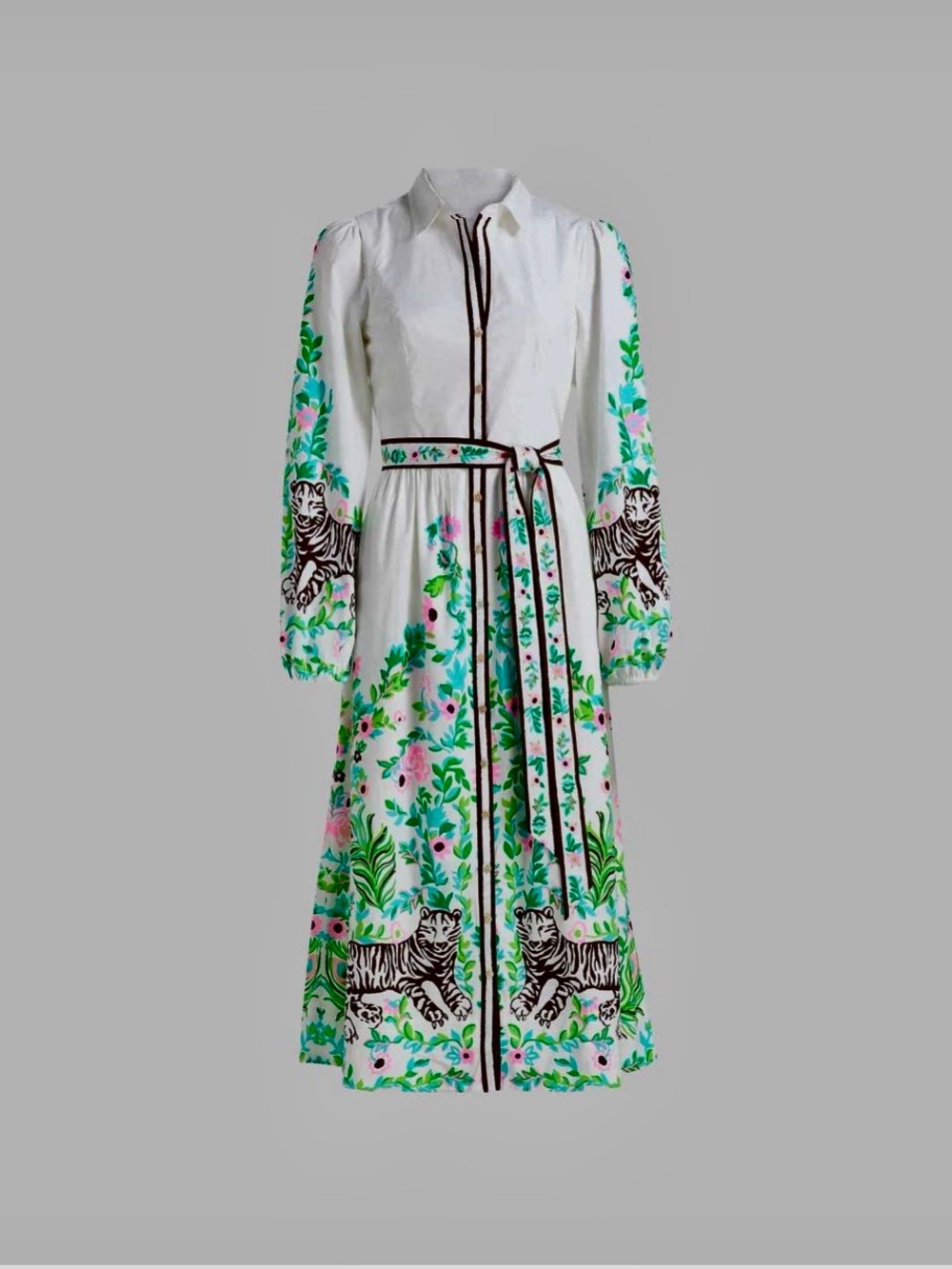 Lilly Pulitzer White Long-Sleeve Embroidered Tiger & Floral Shirt Dress